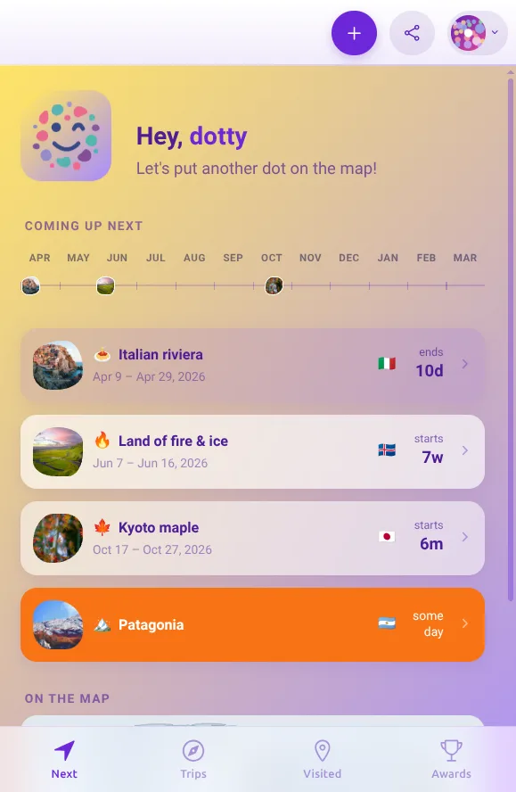 littledots home screen showing upcoming trips in a timeline