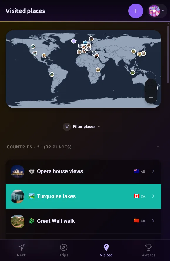 A world map peppered with dots, one for every place dotty has been