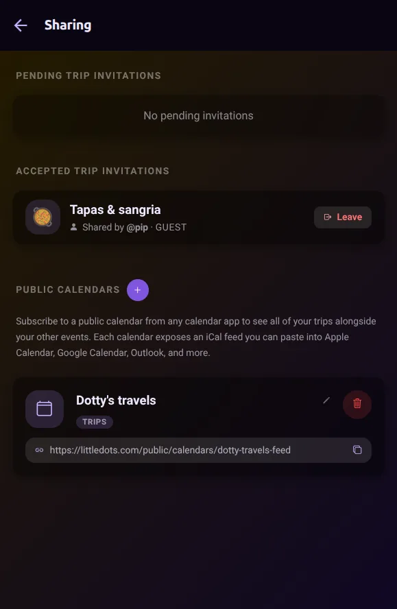The sharing screen with trip invites and a public calendar feed