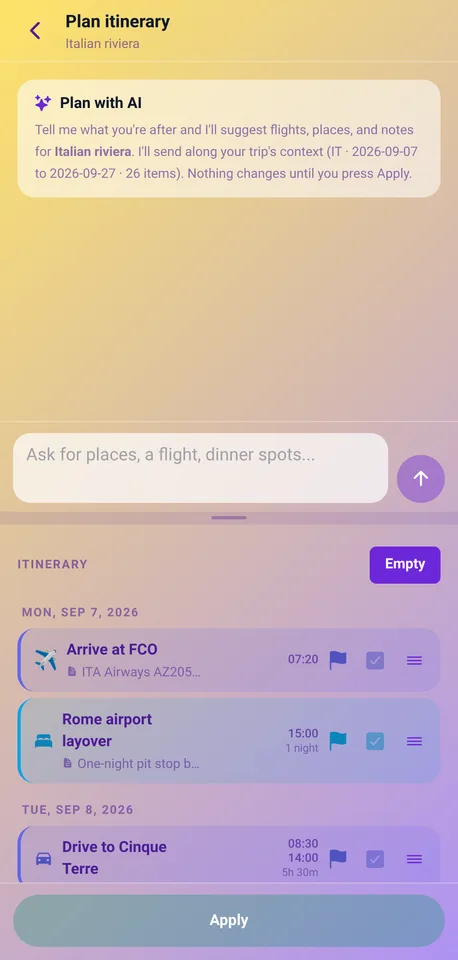 Planning a trip in a conversation, with the days beside it