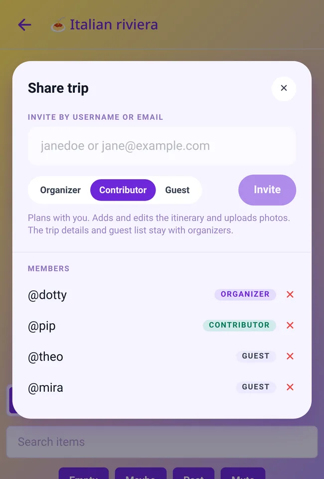 The invite field, the three roles, and everyone already on the trip