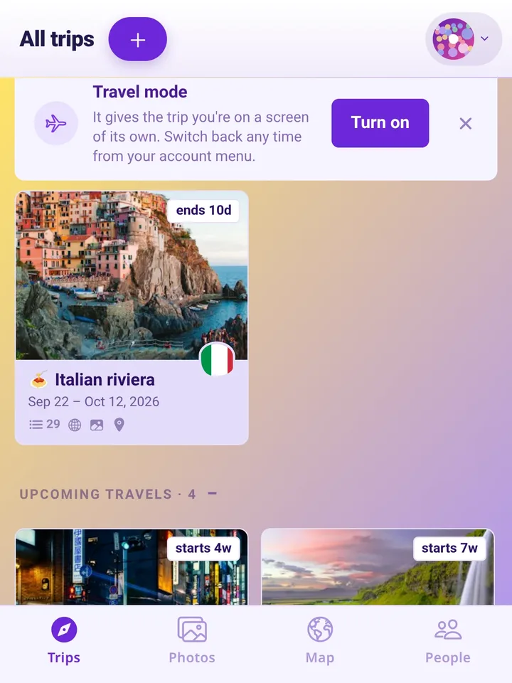 The offer to turn on Travel mode, under the trip you are on