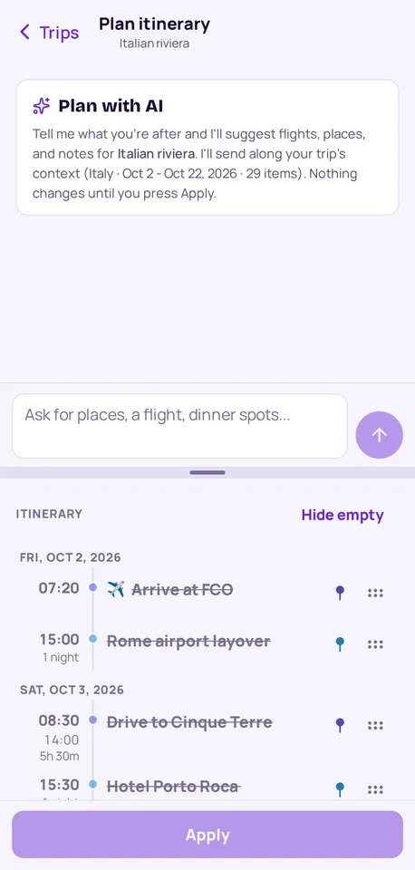 Planning a trip in a conversation, with the days beside it