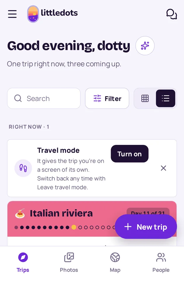 The offer to turn on Travel mode, under the trip you are on