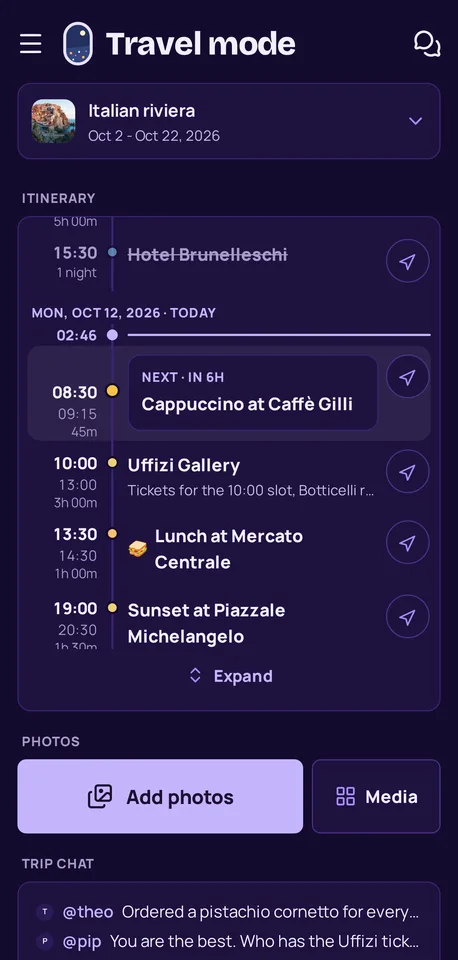 Travel mode, with today's plan on the road