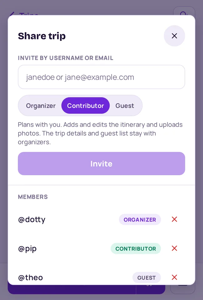 The invite field, the three roles, and everyone already on the trip